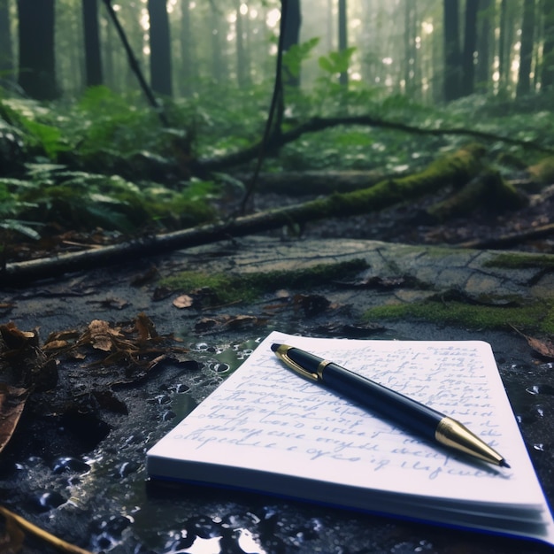 Close-up van een notitieboek en een pen in een rustig bos