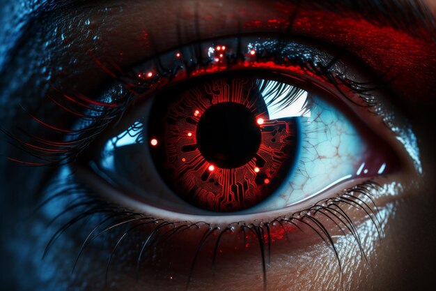 Close-up van een oog met kunstmatige intelligentie in het netvlies toekomstige technologieën voor het herkennen van de