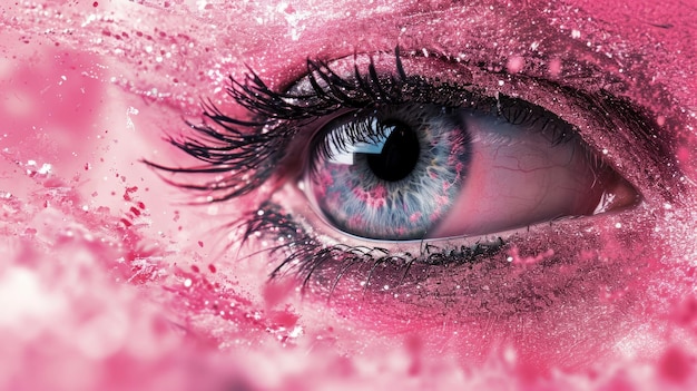Close-up van een oog met levendige roze verf erop