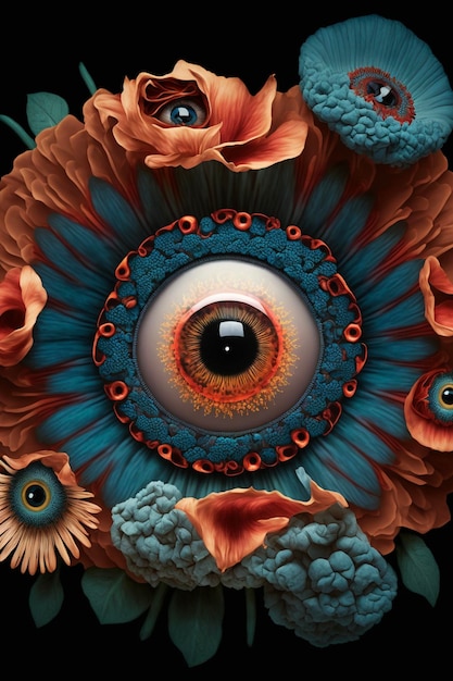 Close-up van een oog omringd door bloemen generatieve ai