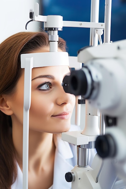 Close-up van een oogarts die een oogonderzoek doet in het kantoor van de oogarts
