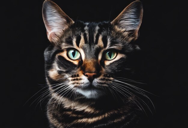 Close-up van een opvallende tabby kat met intense ogen tegen een donkere achtergrond