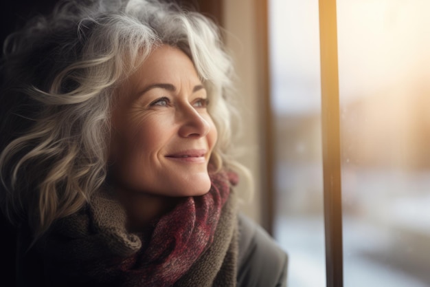 Close-up van een oudere vrouw die vanuit haar raam een winters tafereel overweegt