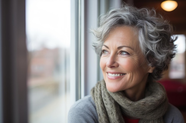 Close-up van een oudere vrouw die vanuit haar raam een winters tafereel overweegt