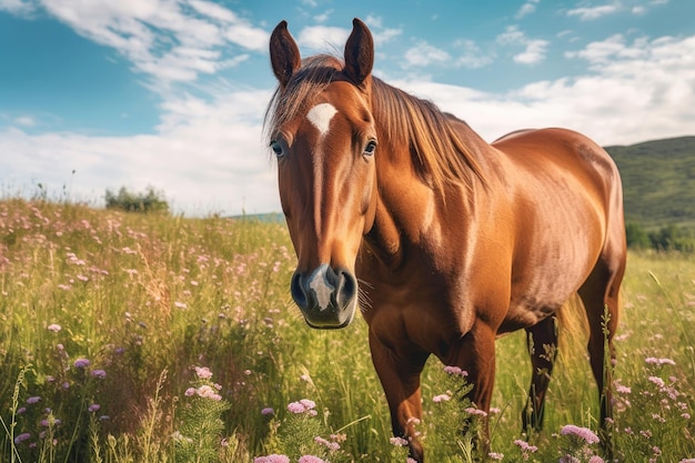 Close-up van een paard dat graast in een groene weide Generatieve AI