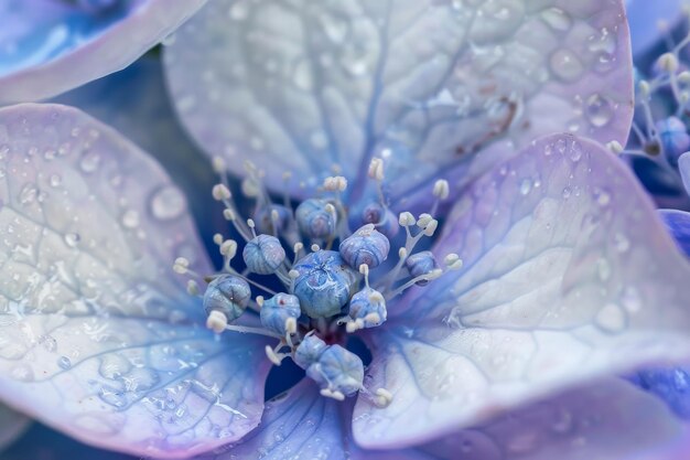 Close-up van een paarse hortensiabloem met waterdruppels