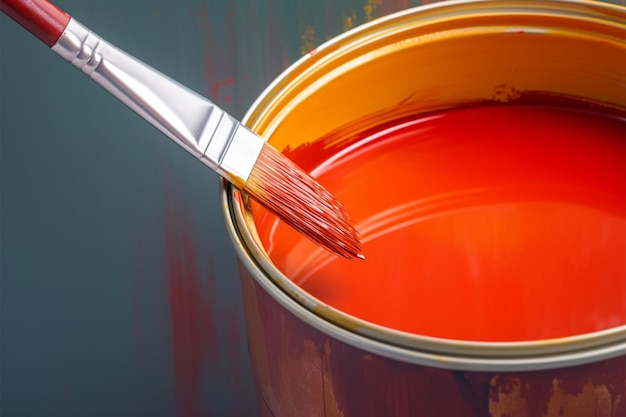 Foto close-up van een penseel die een levendige rode kleur op een blikje aanbrengt