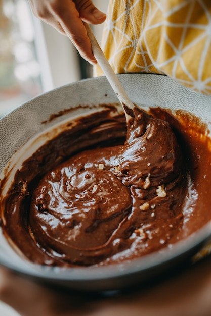 Foto close-up van een persoon die chocoladekoek maakt