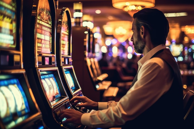 Close-up van een persoon die een gokautomaat speelt in een casino