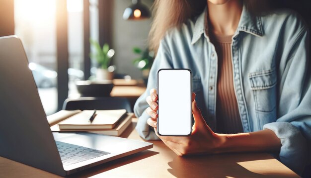 Close-up van een persoon die een smartphone vasthoudt met een leeg scherm met een laptop en notebook op de achtergrond