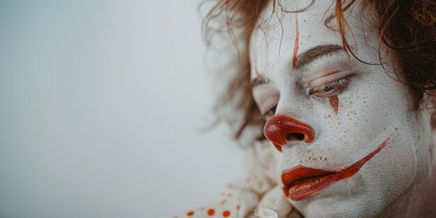 Close-up van een persoon in clown make-up met expressieve ogen en een melancholische blik