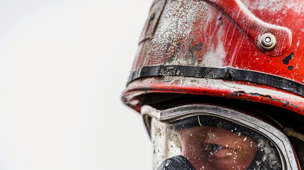 Close-up van een persoon in een verweerde brandweerman helm die wijst op moed en veerkracht