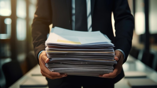 Close-up van een persoon in een zakelijk pak met een grote stapel documenten en papierwerk