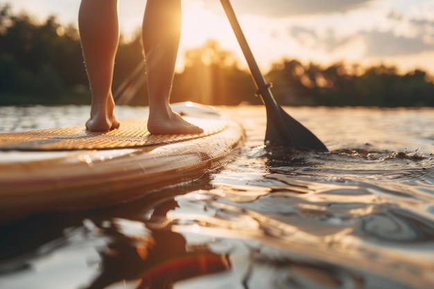 Close-up van een persoon op een paddleboard bij zonsondergang