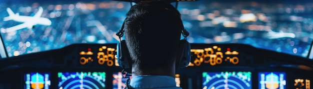 Close-up van een piloot in de cockpit van een vrachtvliegtuig met schermen die wereldwijde vluchtroutes voor logistiek tonen