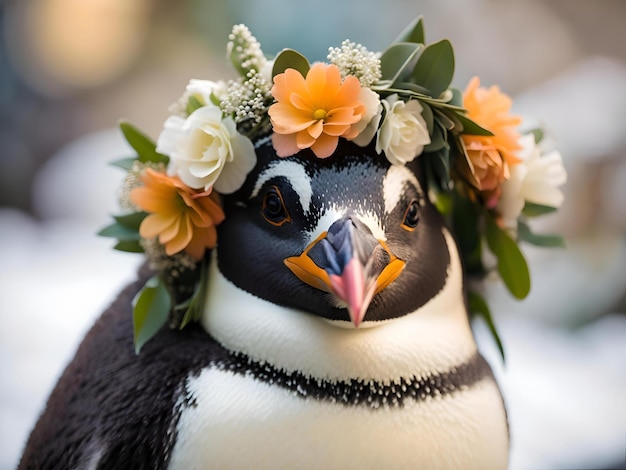 Foto close-up van een pinguïn met een bloemkrans op haar hoofd generatieve ai