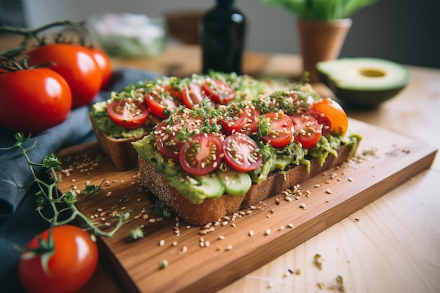 Close-up van een plak geroosterd brood met avocado tomaten en zaden er bovenop kunstzinnig gerangschikt