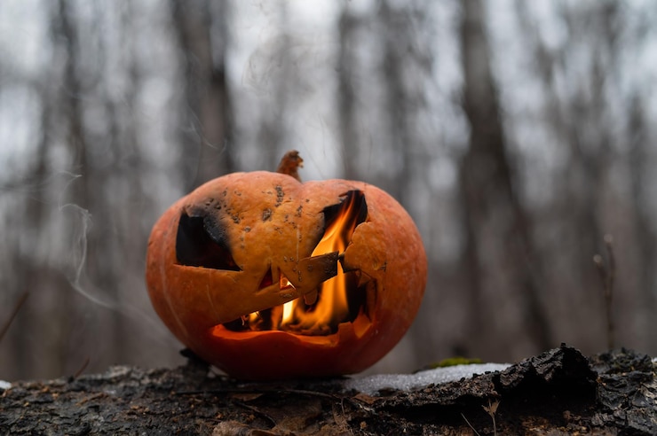 Foto close-up van een pompoen op hout tijdens halloween