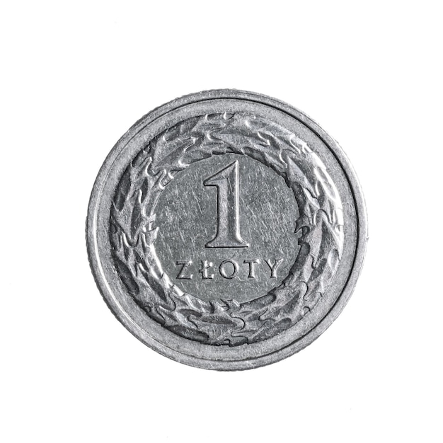 Close-up van een Poolse zloty munt geïsoleerd op een witte achtergrond Hoge details macro shot afbeelding