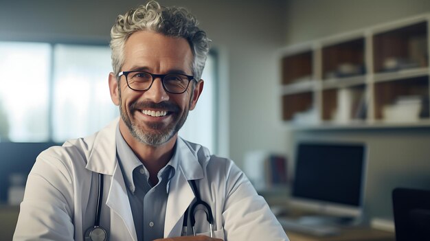 Close-up van een portret van een blanke arts van middelbare leeftijd die in zijn kabinet in het ziekenhuis zit Ontmoet een patiënt voor een consult Gemaakt met generatieve AI-technologie