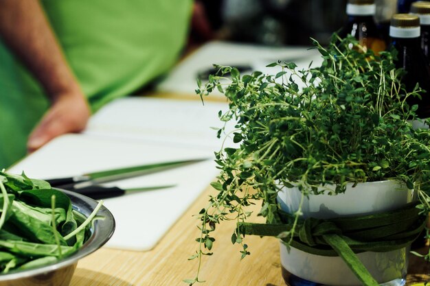 Foto close-up van een potplant op tafel