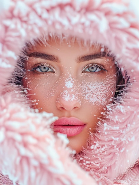 Close-up van een prachtig jong vrouwelijk gezicht met sneeuwvlokken blauwe ogen en roze kap