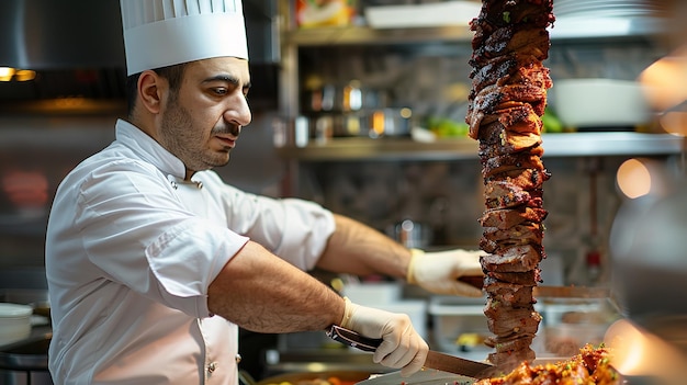 Close-up van een prachtig rundvleesgerecht met bokeh-verlichting en een chef-kok die maaltijden bereidt Generatieve AI