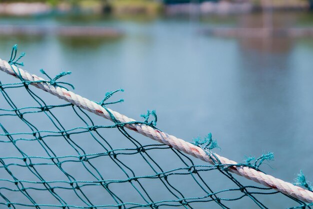 Close-up van een prikkeldraadhek tegen een blauwe hemel