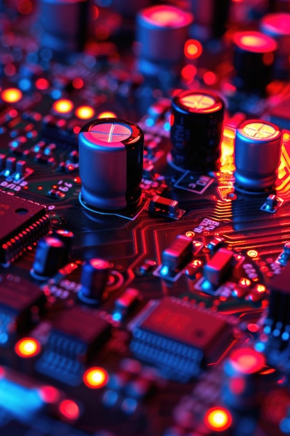 Foto close-up van een printplaat met rode en blauwe lichten geschikt voor technologie- en innovatieconcepten