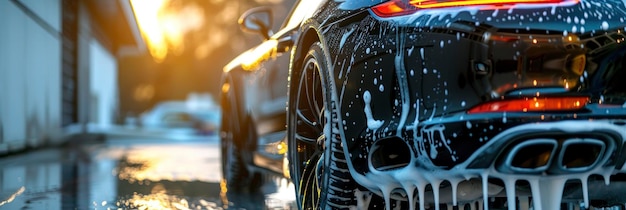 Close-up van een professionele carwash, een zwarte sportwagen die wordt geschamponneerd voor een glanzende afwerking.