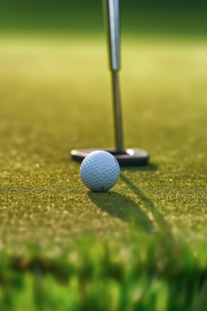 Close-up van een putter die een golfbal slaat op de green gemaakt met generatieve ai