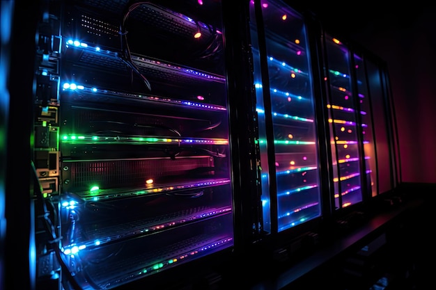 Close-up van een rack met servers met knipperende lampjes en kabels