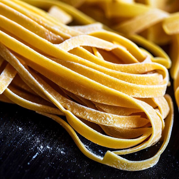 Foto close-up van een rauwe droge italiaanse pasta fettuccine op een zwarte houten tafel