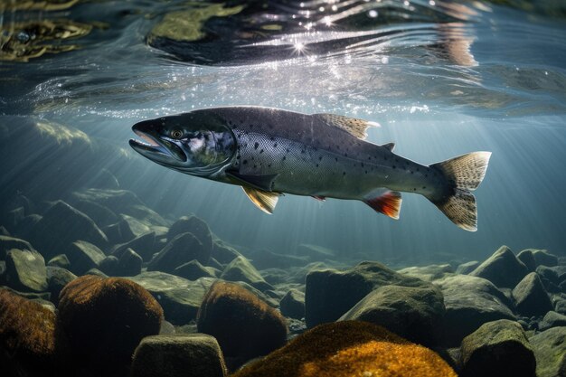 Close-up van een regenboogforel die in het water zwemt onder zonlicht Professionele onderwateropname van een zalm die op zoek is naar voedsel