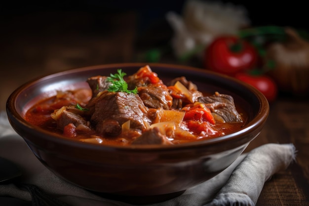 Close-up van een rijke en stevige goulash met malse stukjes runderui en tomaten