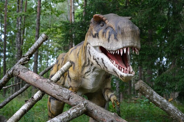 Close-up van een robotachtige dinosaurus van de tyrannosaurus-soort in een pretpark dat zijn ogen en mond opent en naar de camera kijkt