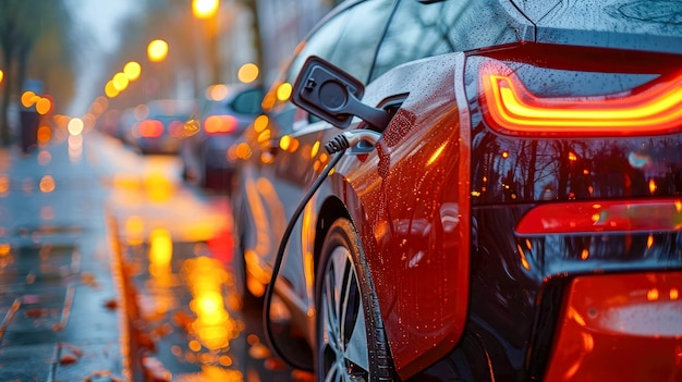 Close-up van een rode elektrische auto die in de regen op straat laadt