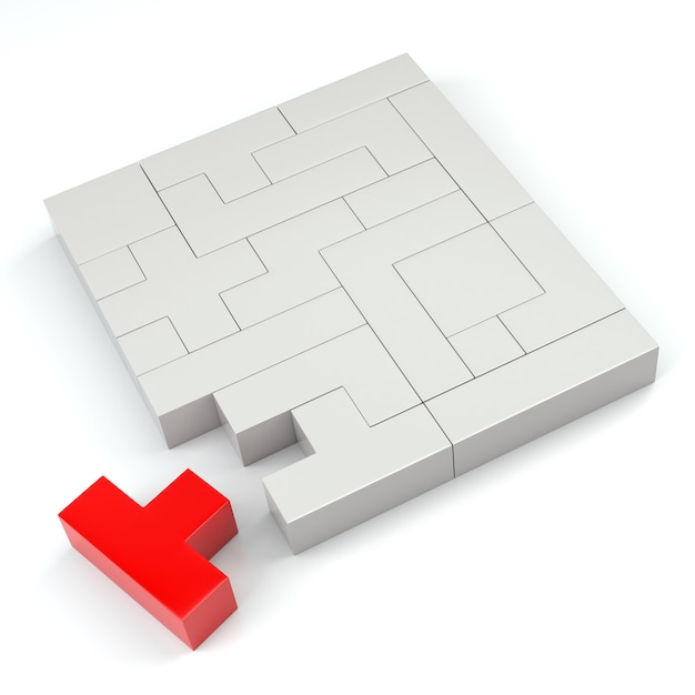 Close-up van een rode puzzel gemaakt met blokken van verschillende vorm en kleur. 3d-rendering