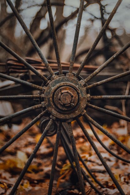 Foto close-up van een roestige wiel op het veld