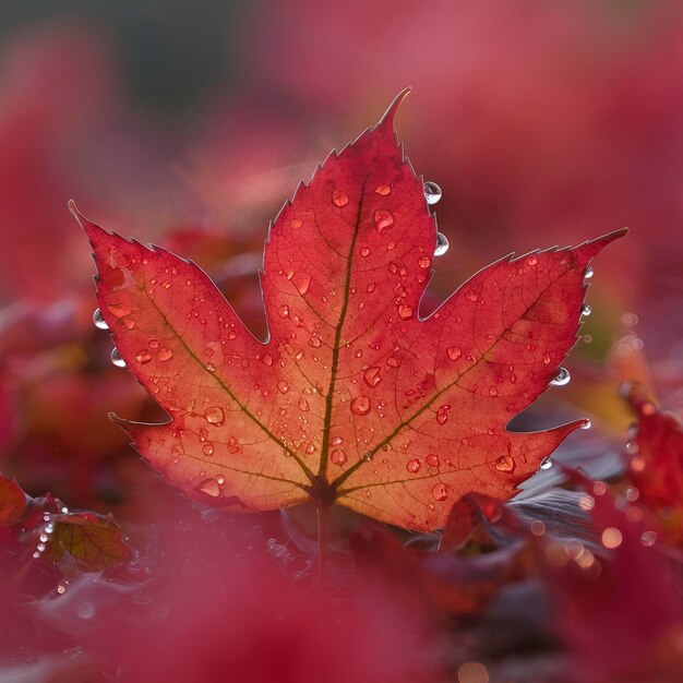 Close-up van een rood herfstblad bedekt met waterdruppels