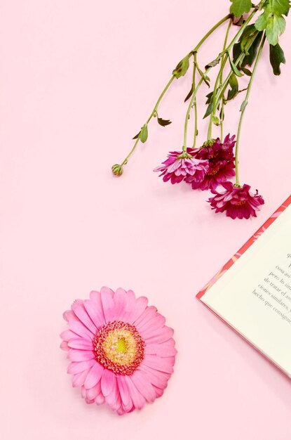 Close-up van een roze bloem op tafel