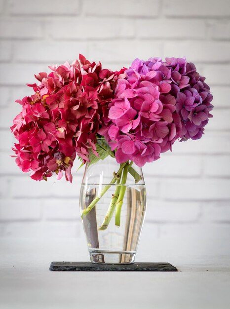 Close-up van een roze bloempot op tafel