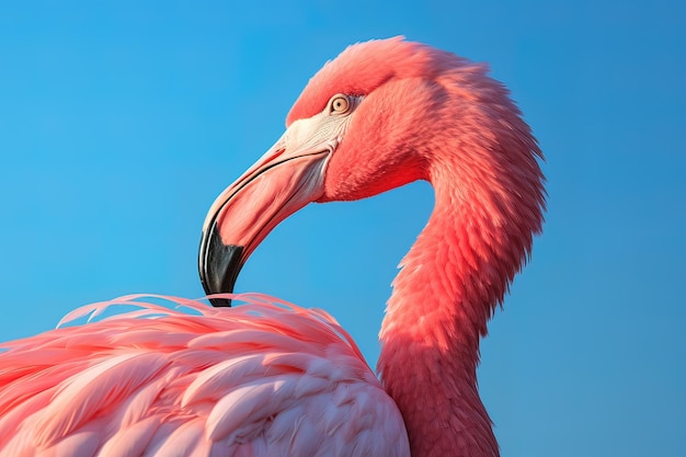 Close-up van een roze flamingo met een blauwe lucht