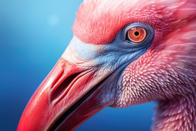 Close-up van een roze flamingo met een blauwe lucht