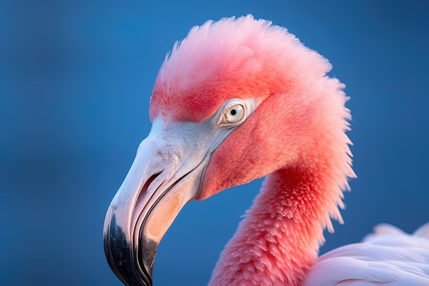 Close-up van een roze flamingo met een blauwe lucht