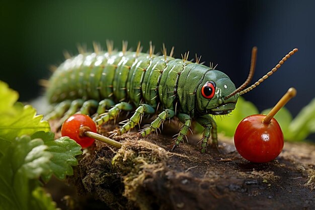 Close-up van een rups die op een lee kruipt.