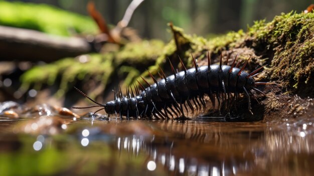 Close-up van een rups op een mosrijk oppervlak