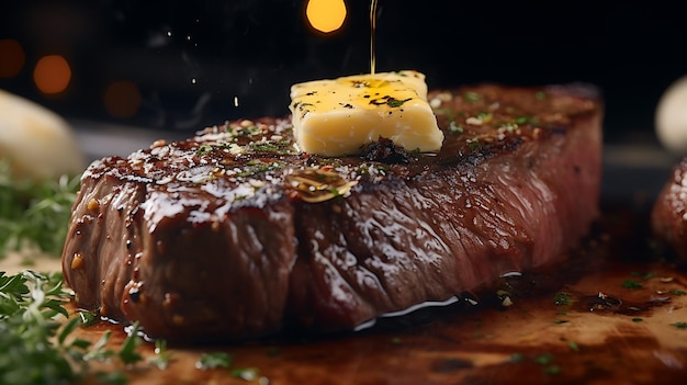 Close-up van een sappige steak met een vleugje boter die bovenop smelt