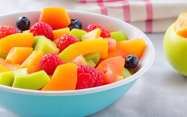 Foto close-up van een sappige verse fruit salade perfect voor een gezond en evenwichtig dieet gegenereerd door ai