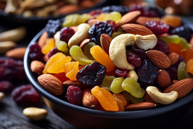 Close-up van een schaal met gemengde noten en gedroogde vruchten voor een gezonde snack